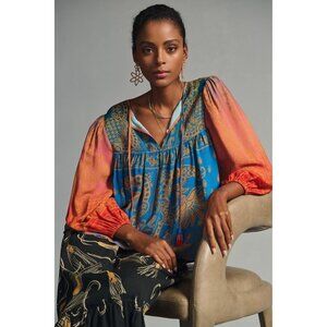 Anthropologie Farm Rio Puff-Sleeve Blouse Beaded Tassels Size M NWT